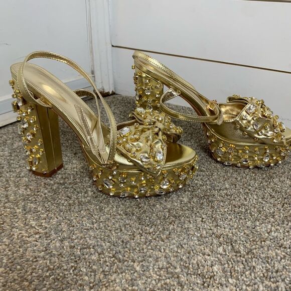 Azalea Wang MAYA-GOLD rhinestone PLATFORM HEELED SANDAL woman’s size 11 - Picture 3 of 10